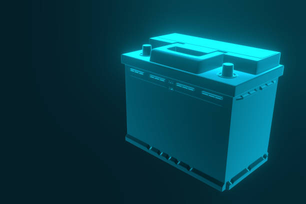 3D rendering. Car battery on blue background. Acid battery for start auto. 12v auto battery