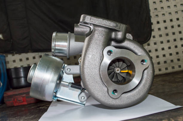 View of the turbine for diesel automobile internal combustion engine from the side of the turbine wheel and vacuum regulator