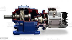 Model of electric motor with visible gears isolated on white background with drop shadow.