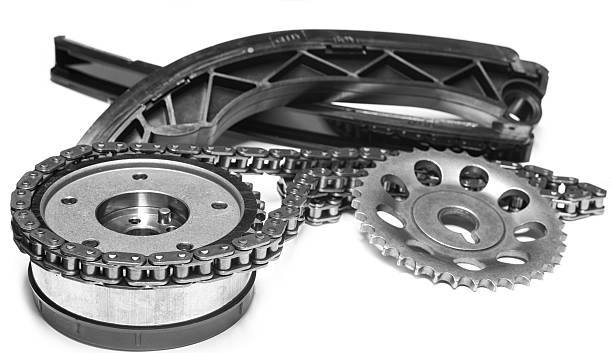 Timing mechanism of the engine on a white background with shallow depth of field